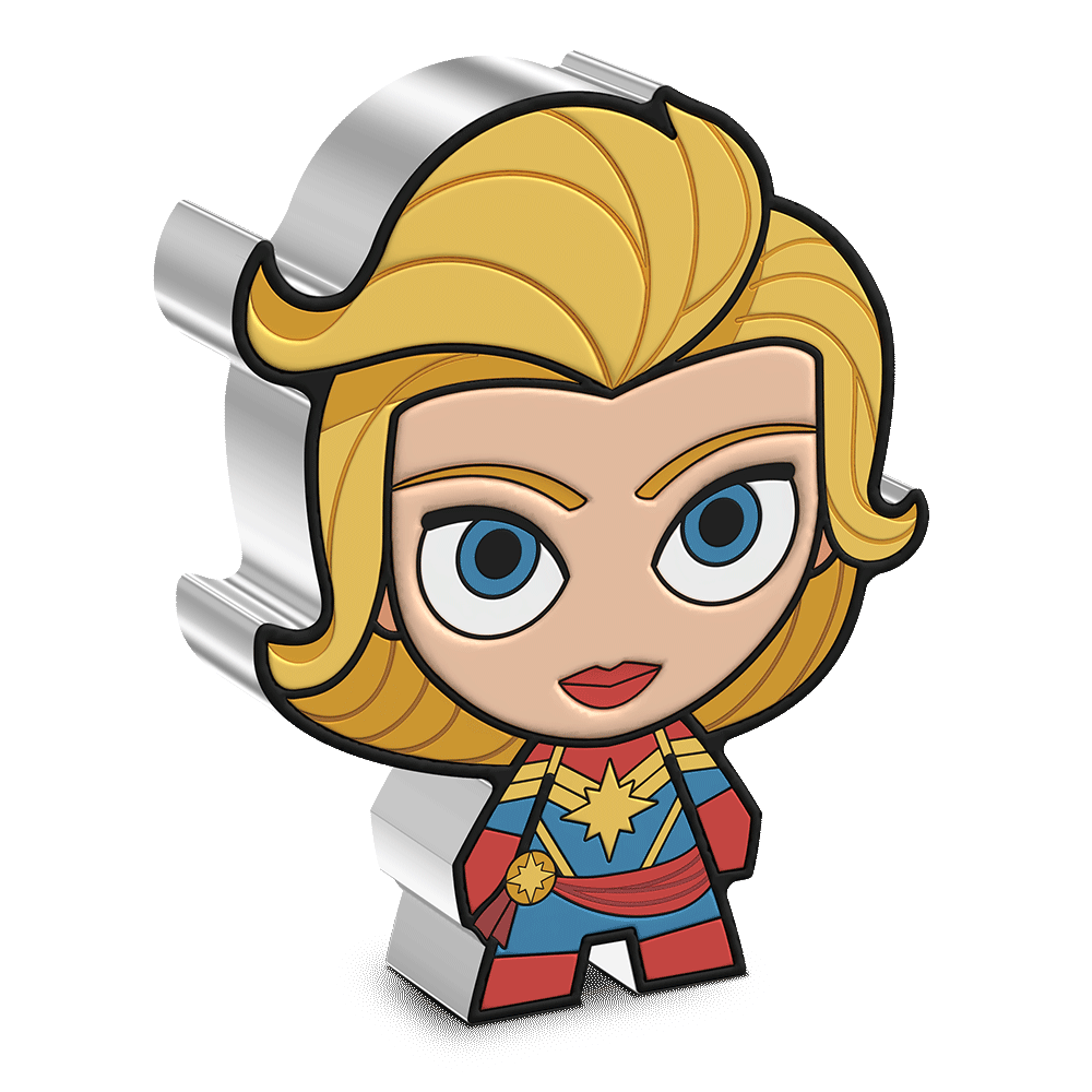 Get ready to save the world with the Captain Marvel Chibi® Coin! Made from 1oz pure silver and uniquely shaped and minted with colour and relief to resemble Captain Marvel. She is shown in her iconic blue and red suit. - New Zealand Mint