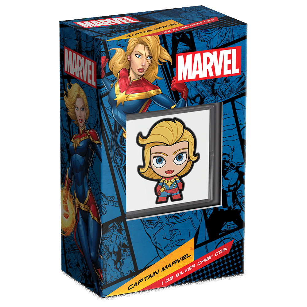 Marvel – Captain Marvel 1oz Silver Chibi® Coin Featuring Custom Packaging with Display Window and Certificate of Authenticity Sticker.