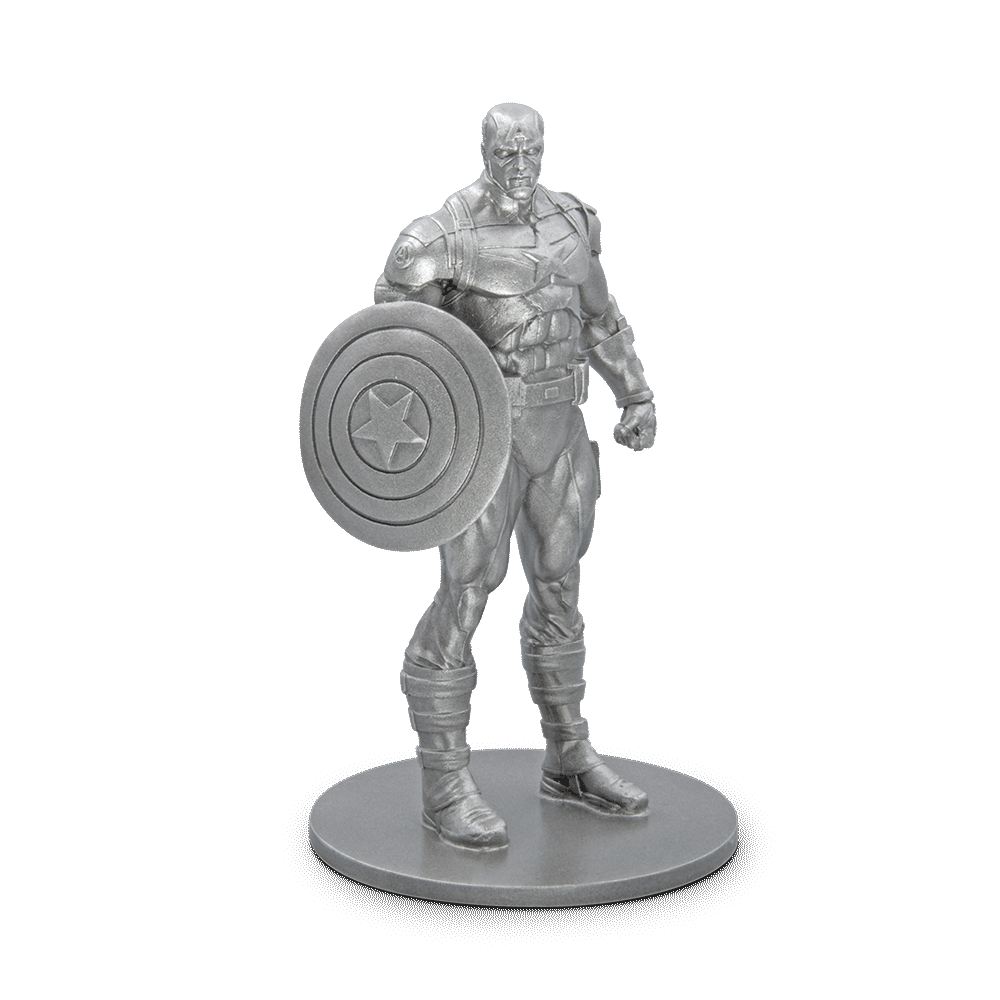 Marvel’s Super-Soldier shines on solid pure silver! Only 1,000 casts in the world. The miniature resembles Captain America standing ready to fight. Every feature of his suit, shield and determined expression has been intricately detailed. - New Zealand Mint