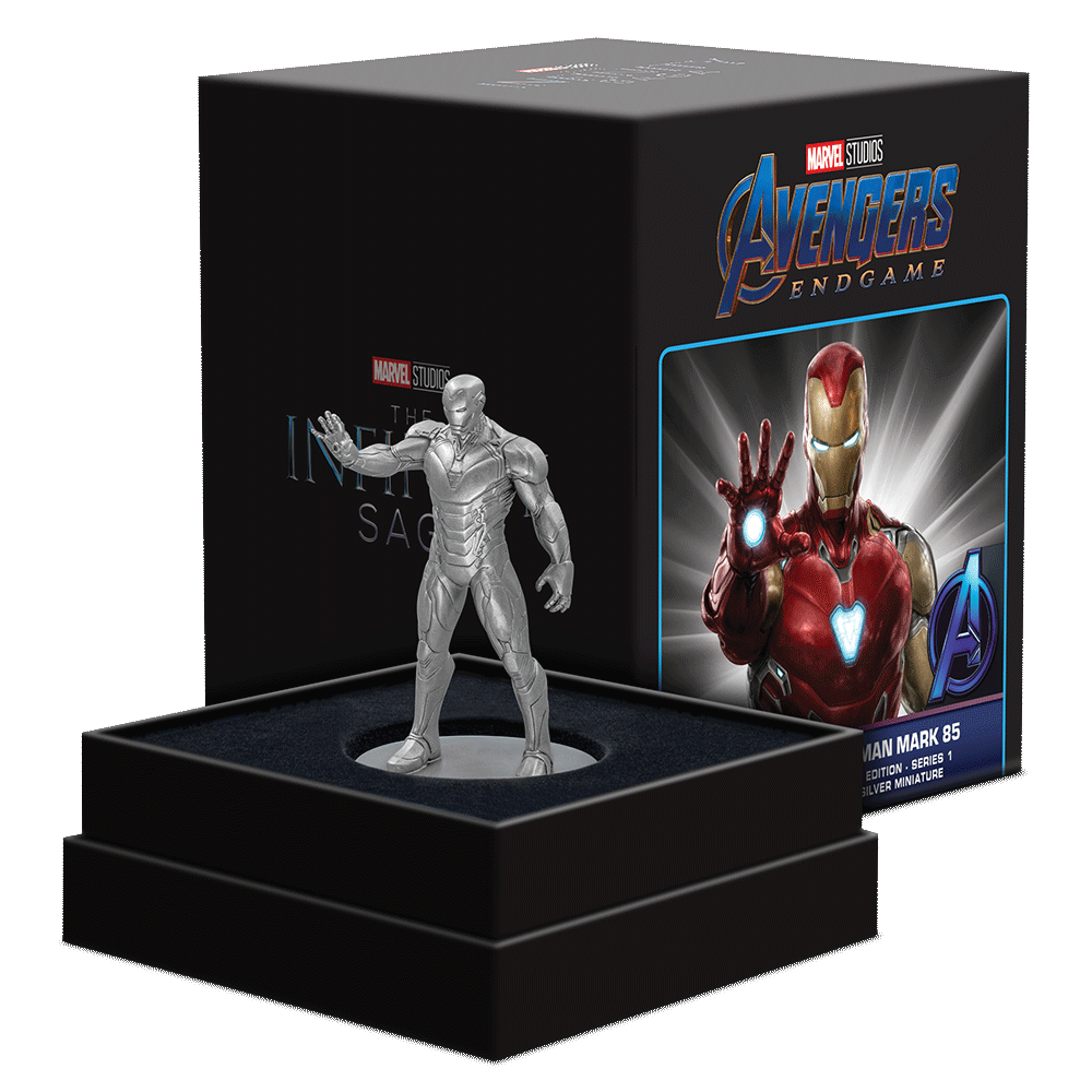 Marvel – Iron Man Mark 85 Series 1 160g Silver Miniature in Custom Display Box with Brand Imagery.