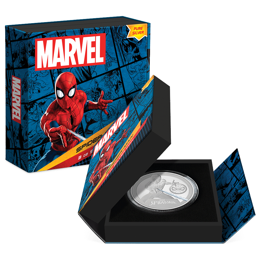 Marvel Spider-Man 3oz Silver Coin Featuring Custom Book-Style Packaging with Printed Coin Specifications. 