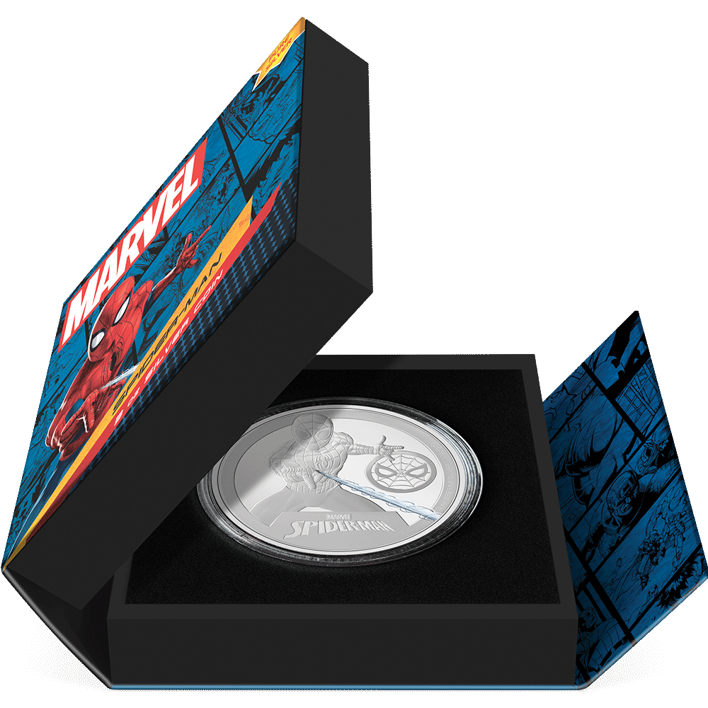 Marvel Spider-Man 3oz Silver Coin Featuring Book-style Packaging with Coin Insert and Certificate of Authenticity Sticker and Coin Specs.