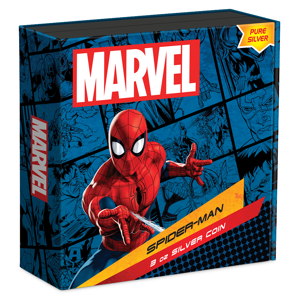 Marvel Spider-Man 3oz Silver Coin Featuring Custom Book-style Display Box With Brand Imagery.