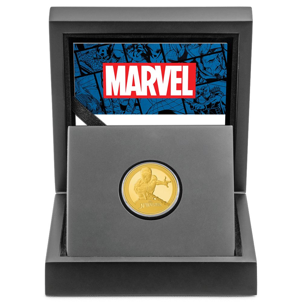 Marvel Spider-Man 1/4oz Gold Coin with Custom Designed Wooden Box with Display Ledge and Certificate of Authenticity.