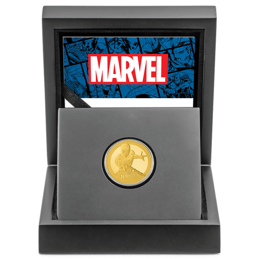 Marvel Spider-Man 1/4oz Gold Coin with Custom Designed Wooden Box with Display Ledge and Certificate of Authenticity.