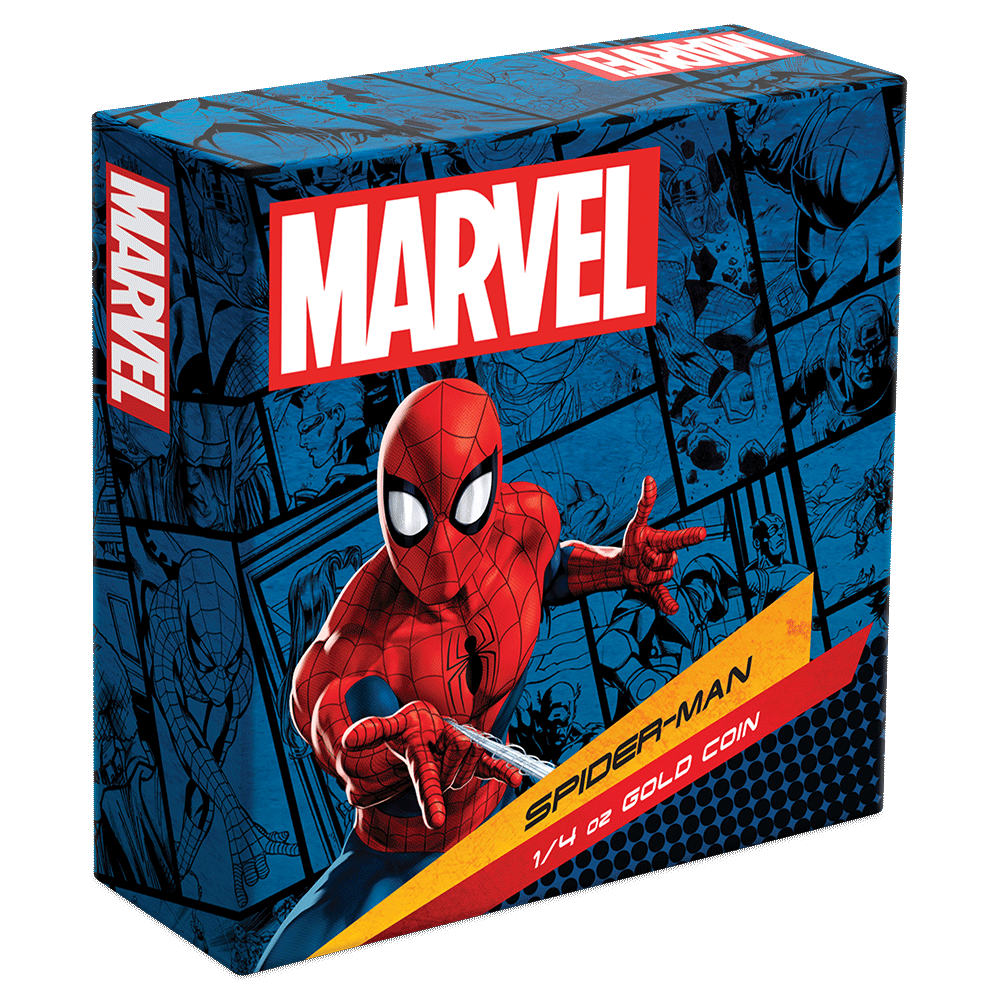 Marvel Spider-Man 1/4oz Gold Coin Featuring Custom-Designed Outer Box With Brand Imagery.