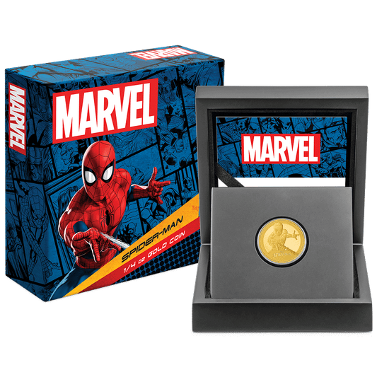 Marvel Spider-Man 1/4oz Gold Coin Featuring Custom Wooden Display Box with Velvet Insert to House the Coin and Certificate of Authenticity.