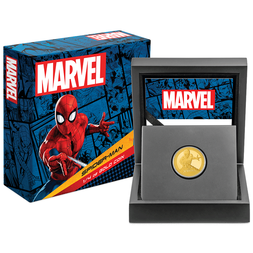 Marvel Spider-Man 1/4oz Gold Coin Featuring Custom Wooden Display Box with Velvet Insert to House the Coin and Certificate of Authenticity.