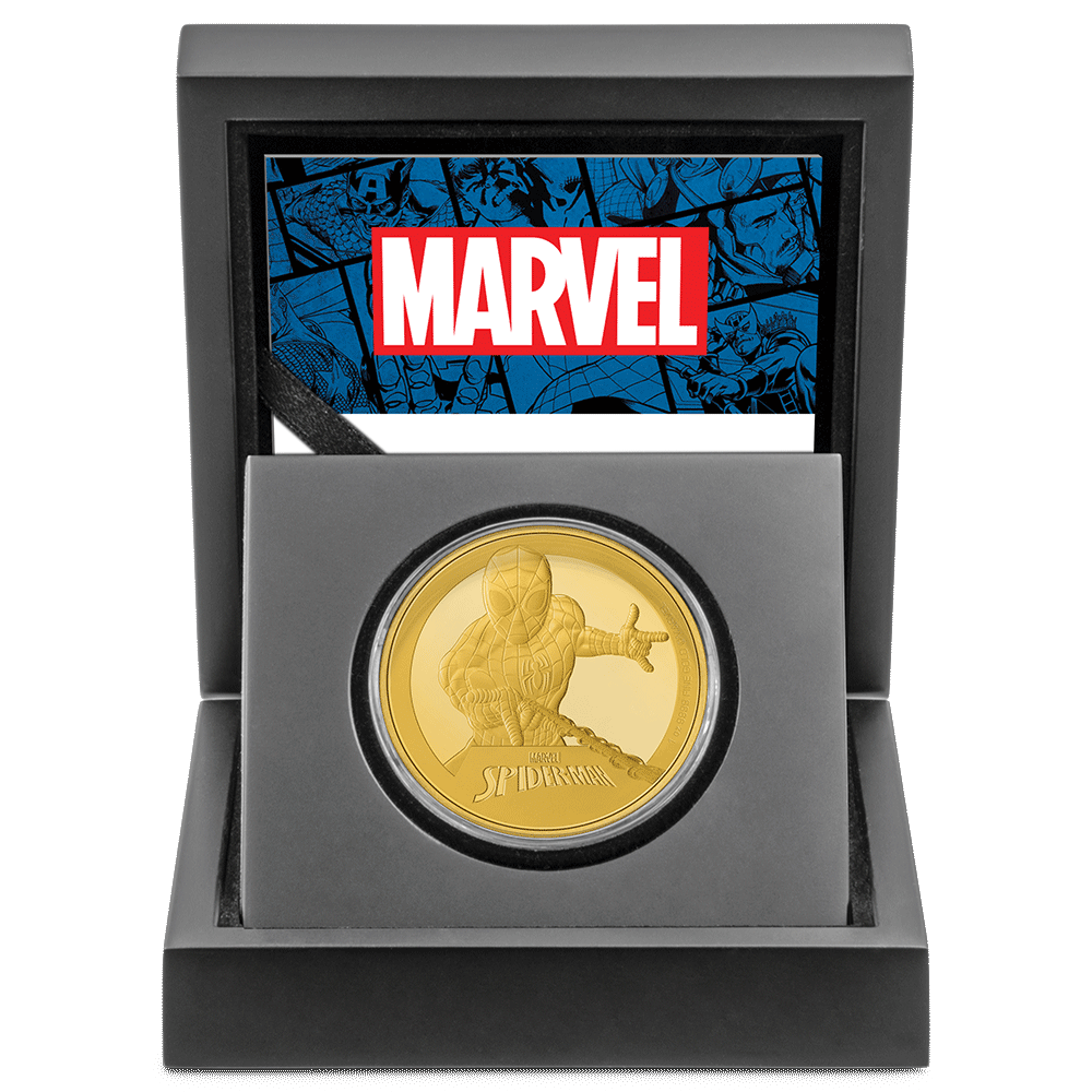 Marvel Spider-Man 1oz Gold Coin With Custom Wooden Display Box and Outer Box Featuring Imagery from the Series and Certificate of Authenticity.