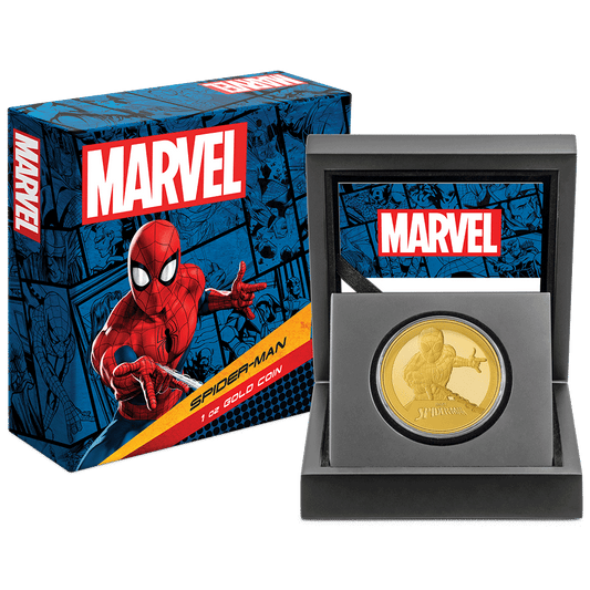 Marvel Spider-Man 1oz Gold Coin Featuring Custom Wooden Display Box with Velvet Insert to House the Coin and Certificate of Authenticity.