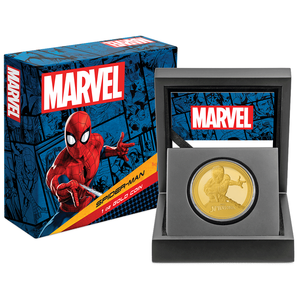 Marvel Spider-Man 1oz Gold Coin Featuring Custom Wooden Display Box with Velvet Insert to House the Coin and Certificate of Authenticity.