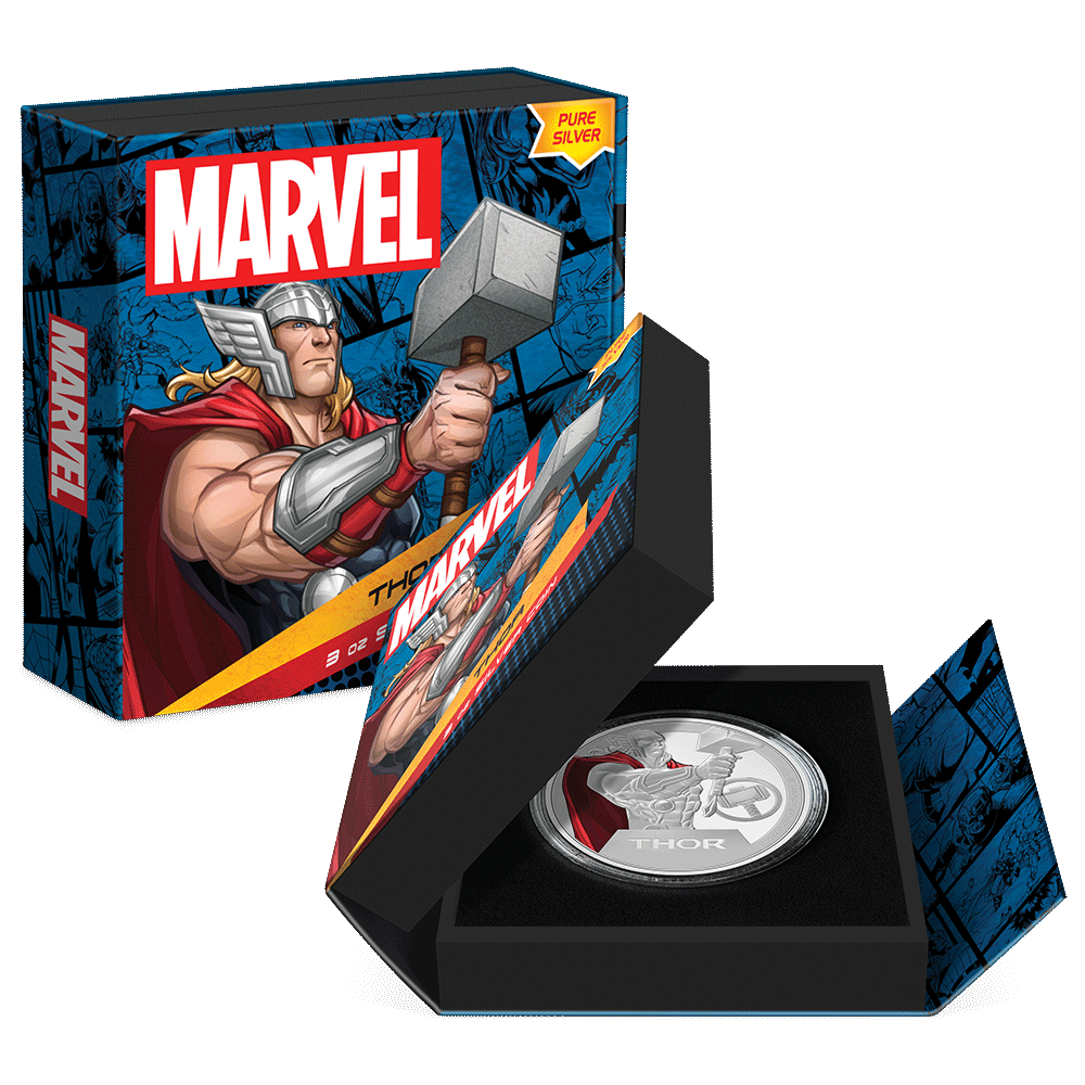 Marvel Thor™ 3oz Silver Coin Featuring with Custom Book-Style Packaging and Specifications. 