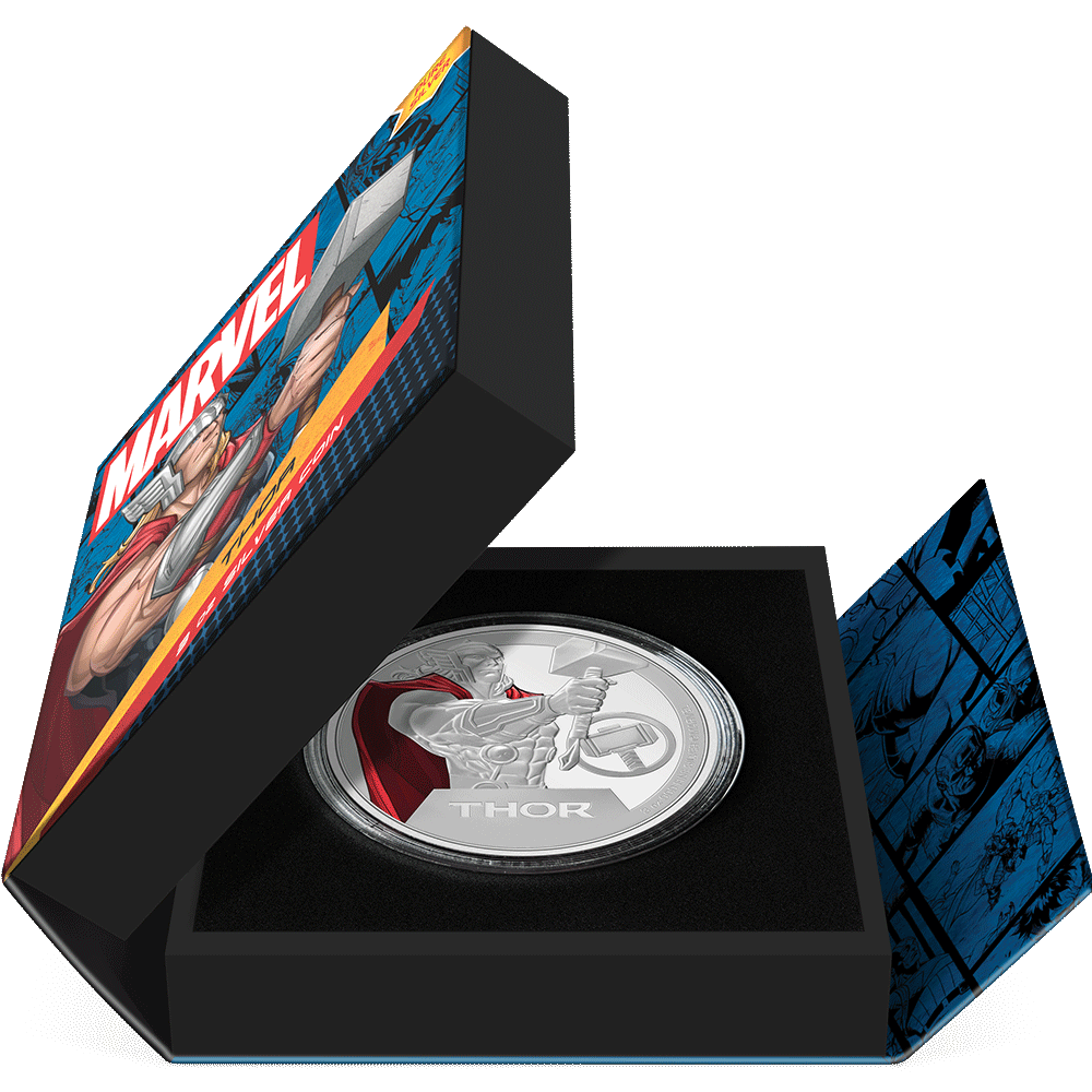 Marvel Thor™ 3oz Silver Coin Featuring Book-style Packaging with Coin Insert and Certificate of Authenticity Sticker and Coin Specs.