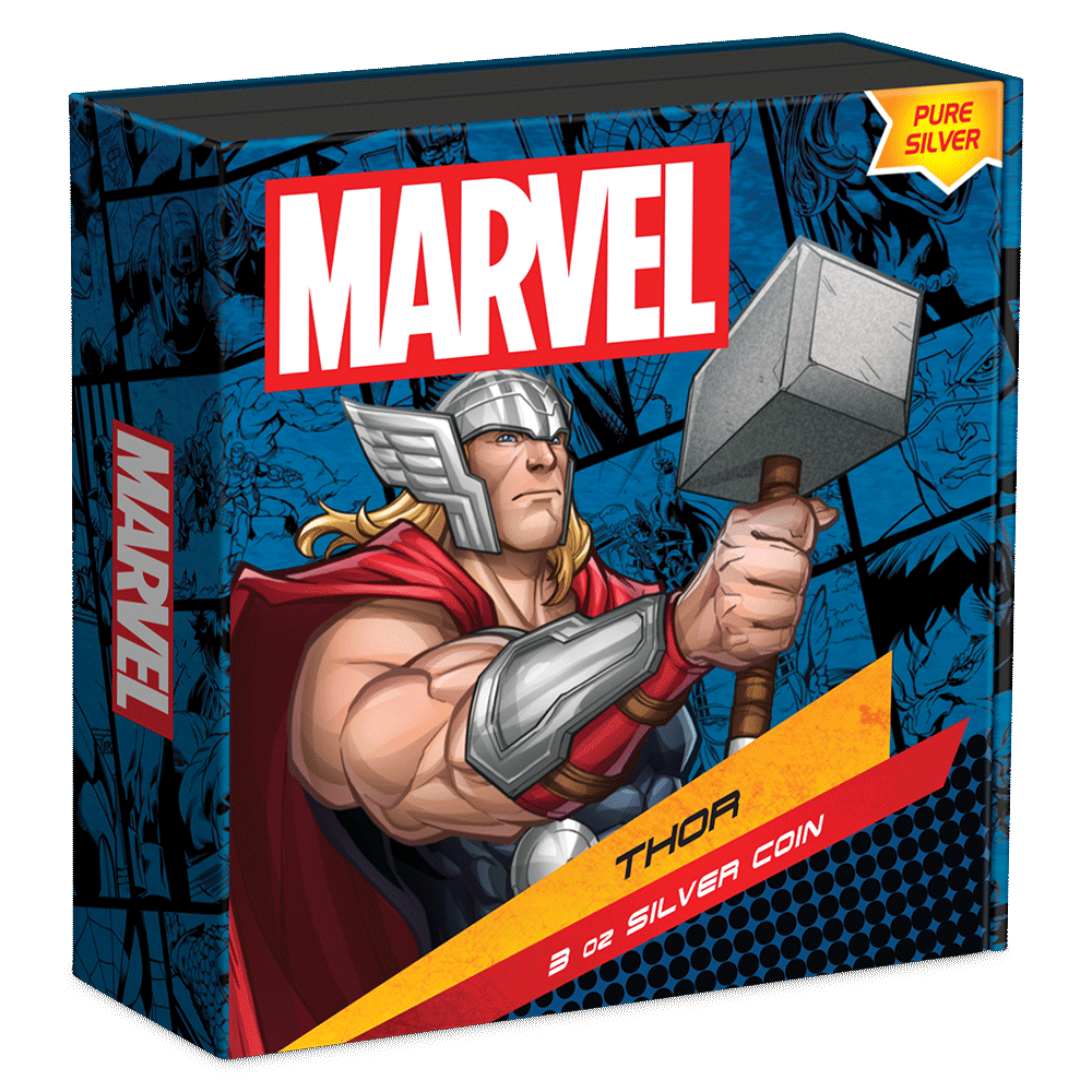 Marvel Thor™ 3oz Silver Coin Featuring Custom Book-style Display Box With Brand Imagery.