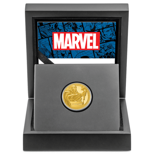 Marvel Thor™ 1/4oz Gold Coin with Custom Designed Wooden Box with Display Ledge.