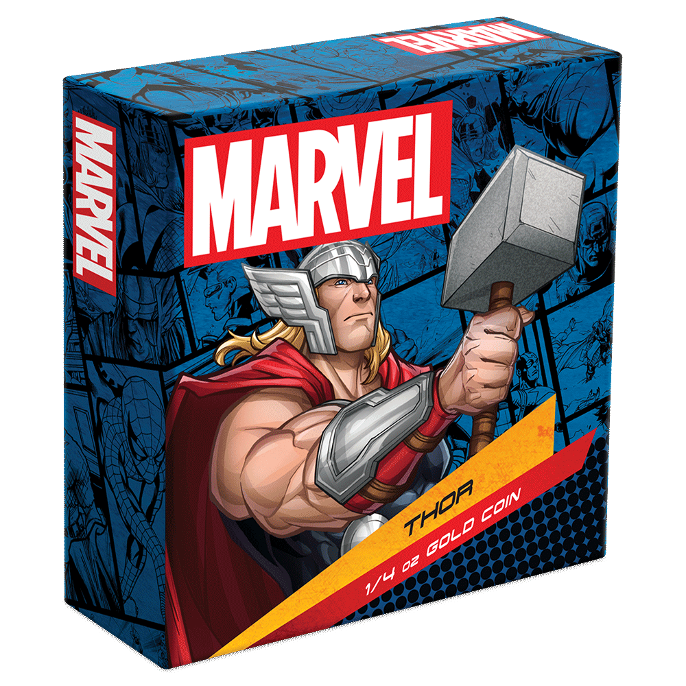 Marvel Thor™ 1/4oz Gold Coin Featuring Custom-Designed Outer Box With Brand Imagery.