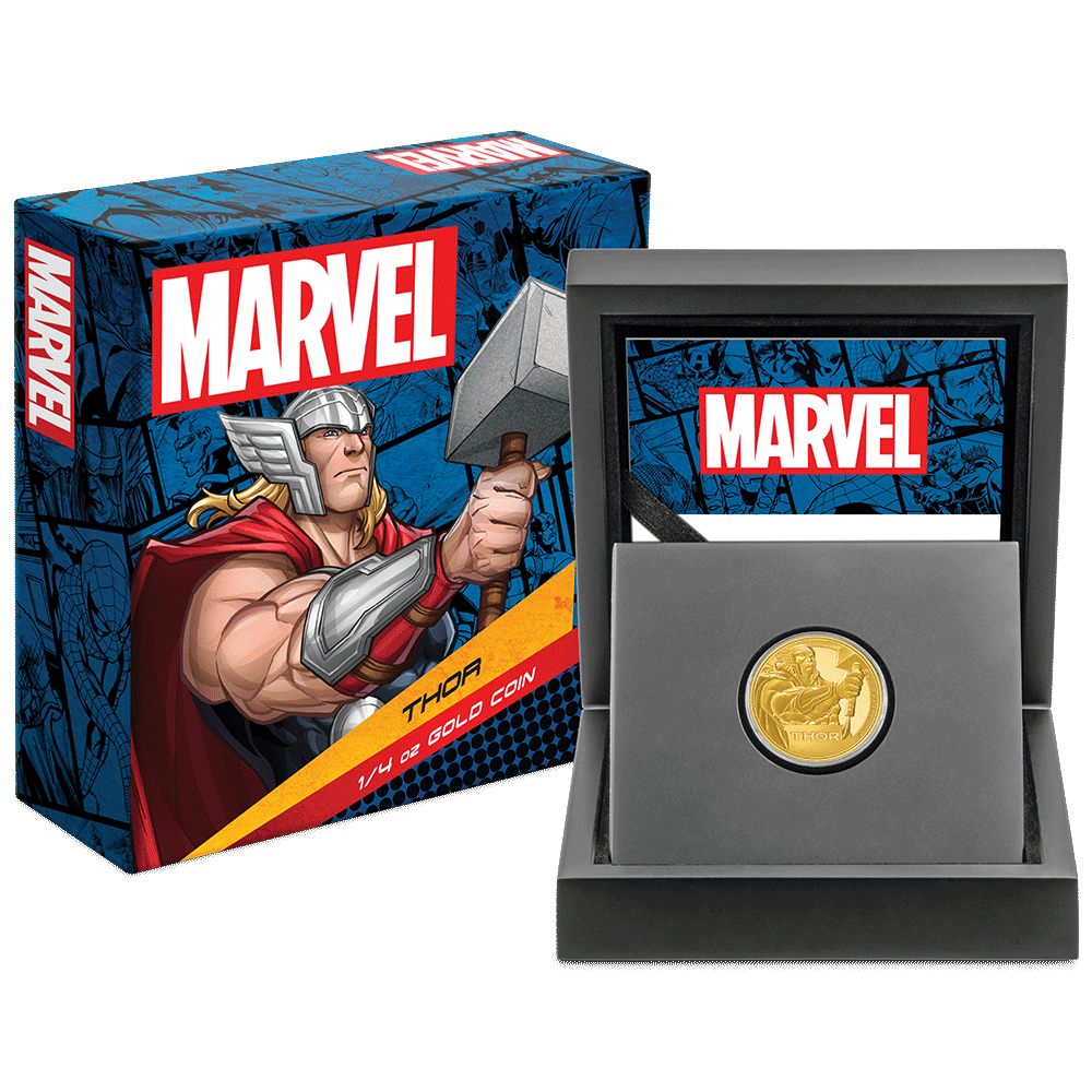 Marvel Thor™ 1/4oz Gold Coin with Custom-Designed Wooden Box with Certificate of Authenticity Holder and Viewing Insert. 