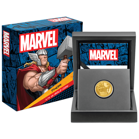 Marvel Thor™ 1/4oz Gold Coin with Custom-Designed Wooden Box with Certificate of Authenticity Holder and Viewing Insert. 