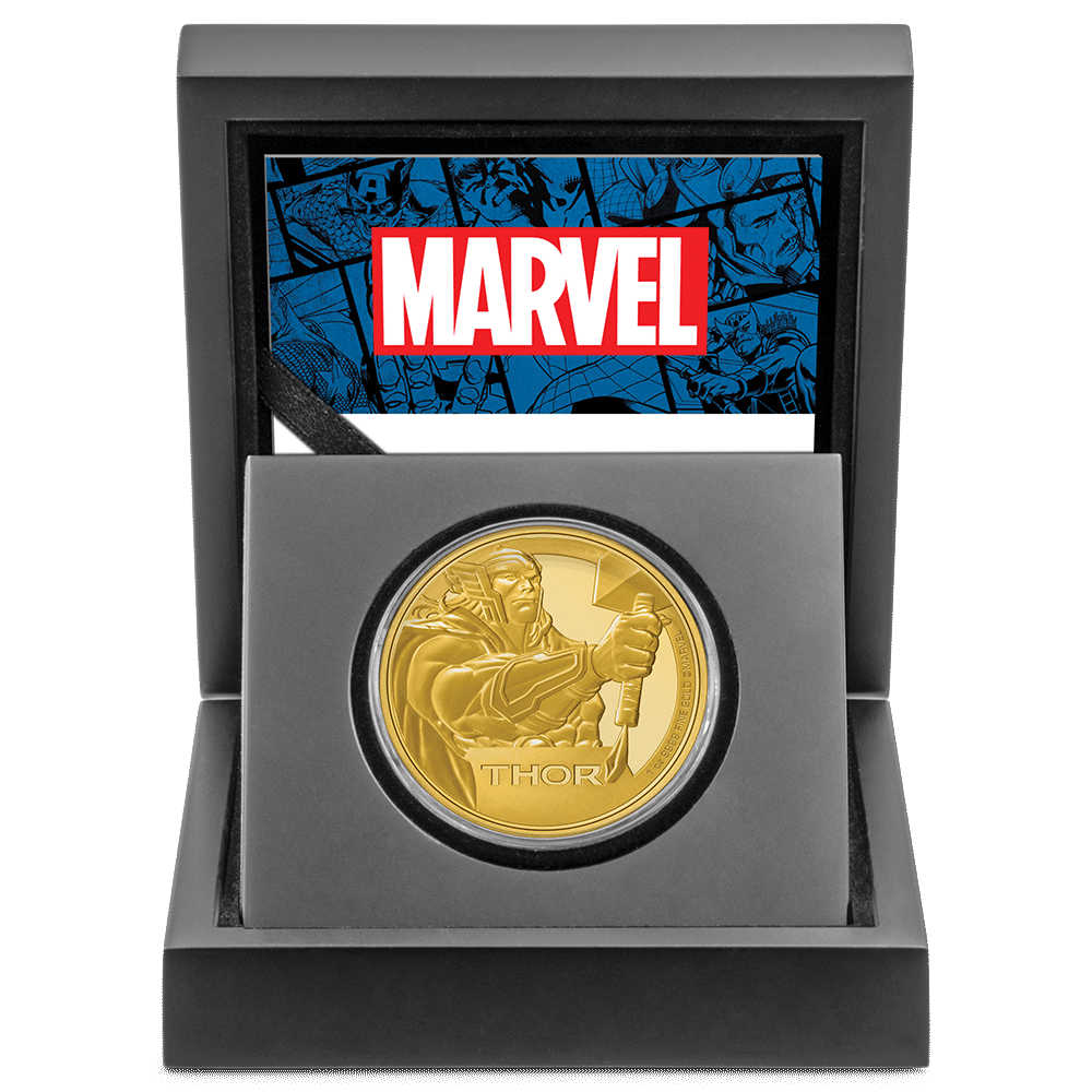 Marvel Thor™ 1oz Gold Coin with Custom Designed Wooden Box with Display Ledge.