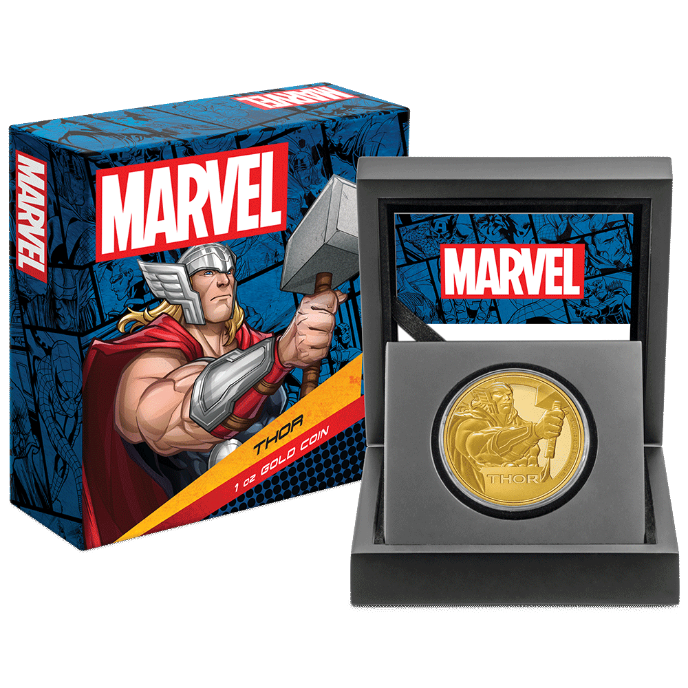 Marvel Thor™ 1oz Gold Coin with Custom-Designed Wooden Box with Certificate of Authenticity Holder and Viewing Insert. 