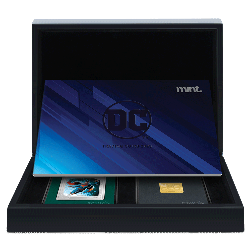 mint Trading Coins – DC with Custom Designed Wooden Box with Velvet Lining and Guidebook Featuring All Designs.