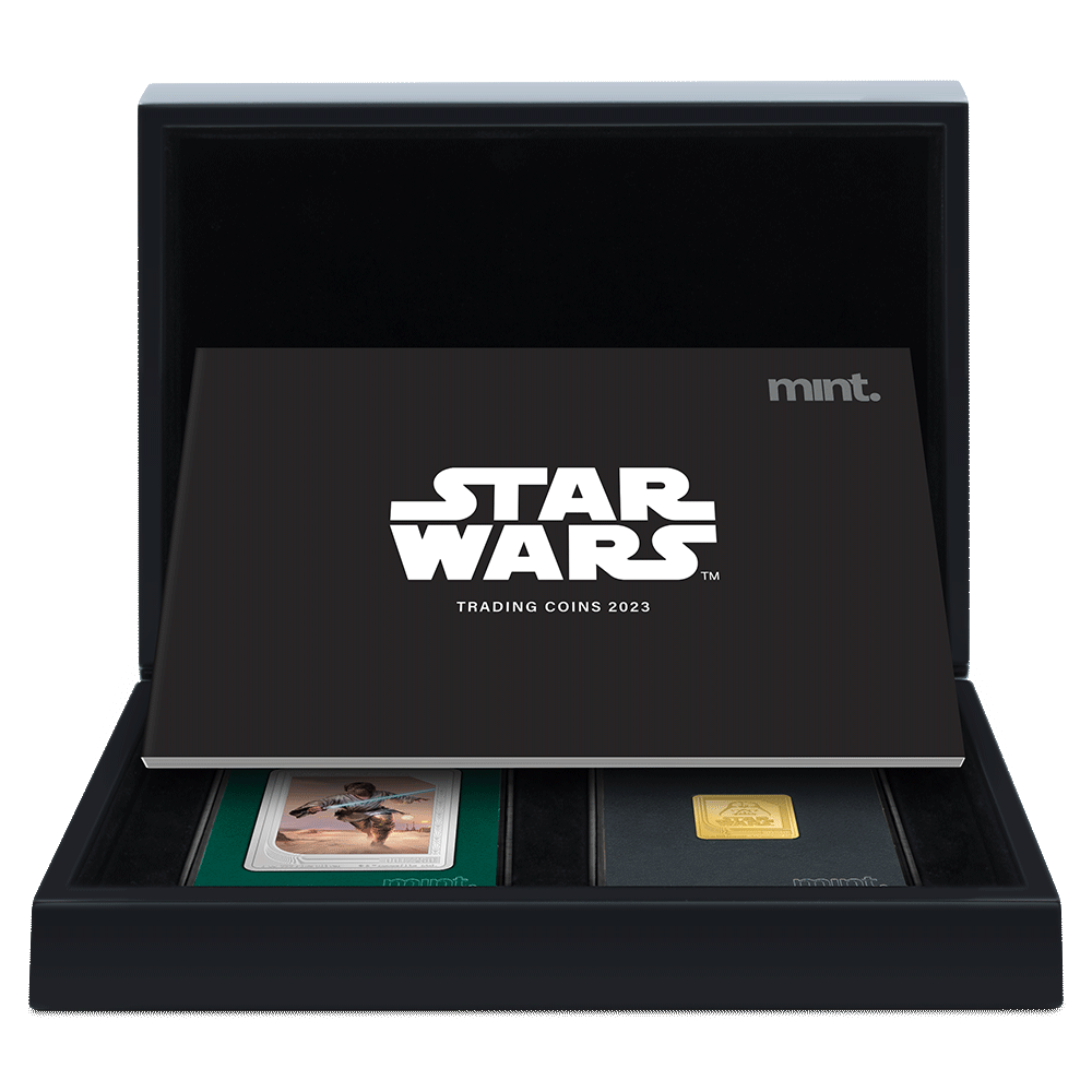 Star Wars™ mint Trading Coins with Custom Designed Wooden Box and Special Booklet Displaying all the Coins in the Set. 