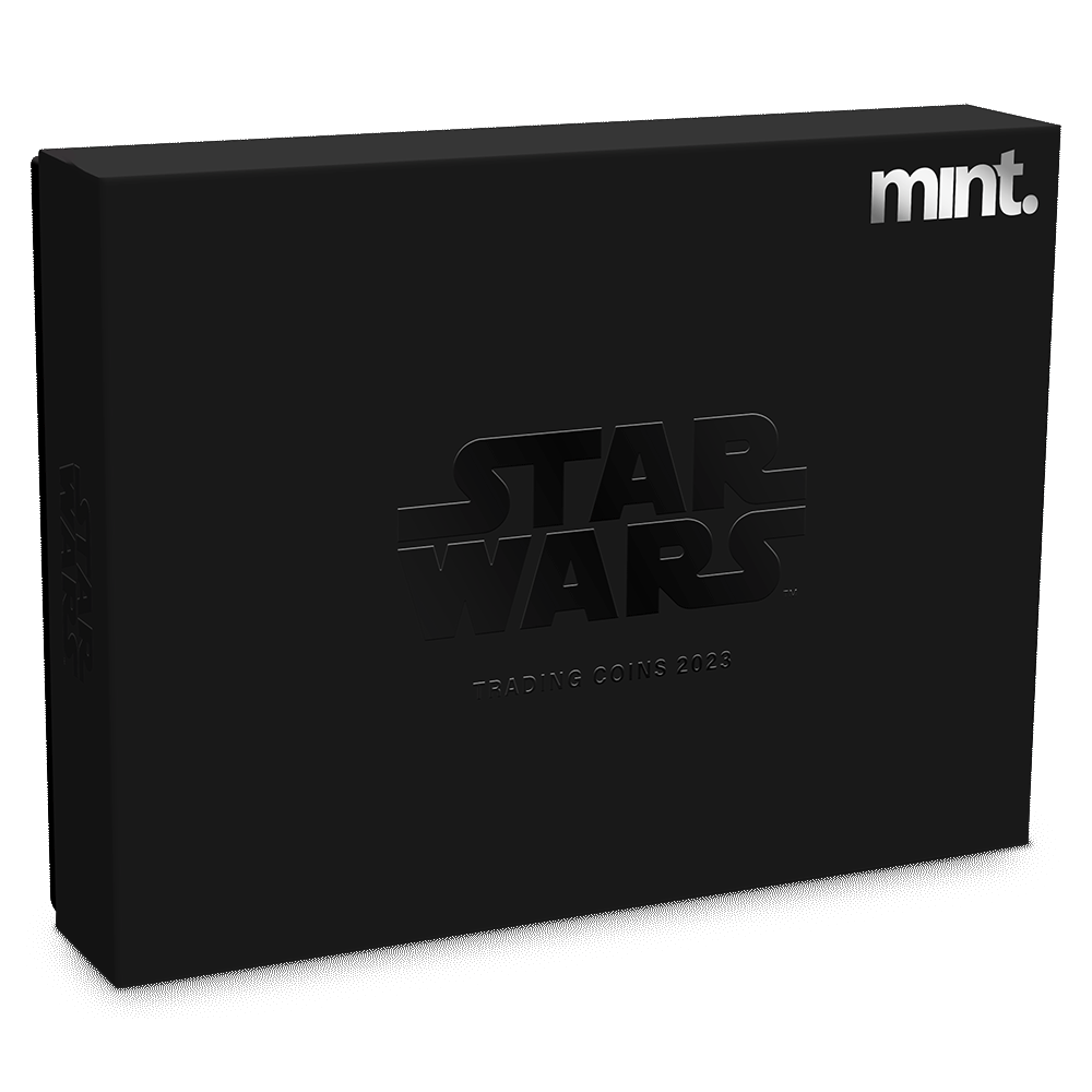 Star Wars™ mint Trading Coins Custom Black Outer Box Featuring Mint and Star Wars Imagery and the line 'Trading Coins 2023'..