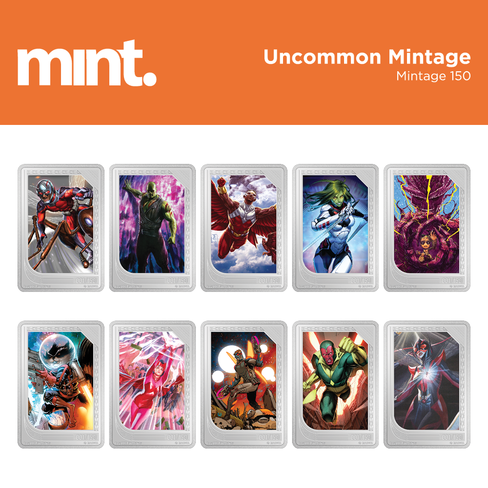 mint Trading Coins – Marvel - Uncommon Mintage 150. Ant-Man, Drax the Destroyer, Falcon, Gamora, Groot, Rocket Raccoon, Scarlet Witch, Star-Lord, Vision, The Wasp.