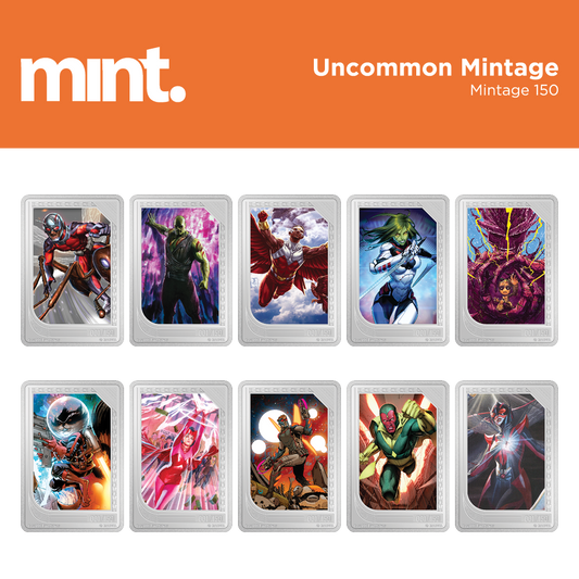 mint Trading Coins – Marvel - Uncommon Mintage 150. Ant-Man, Drax the Destroyer, Falcon, Gamora, Groot, Rocket Raccoon, Scarlet Witch, Star-Lord, Vision, The Wasp.