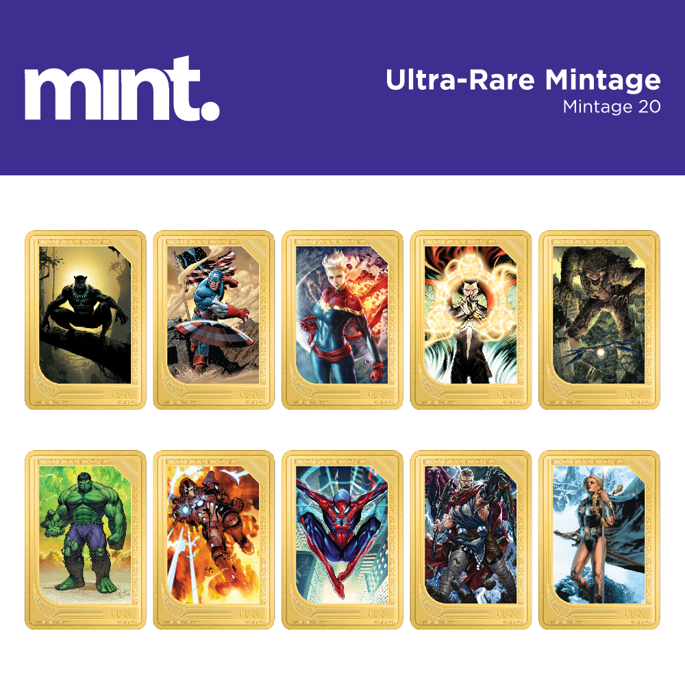 mint Trading Coins – Marvel - Mintage 20. Black Panther, Captain America, Captain Marvel, Doctor Strange, Groot, Incredible Hulk, Iron Man, Spider-Man, Thor, Valkyrie.