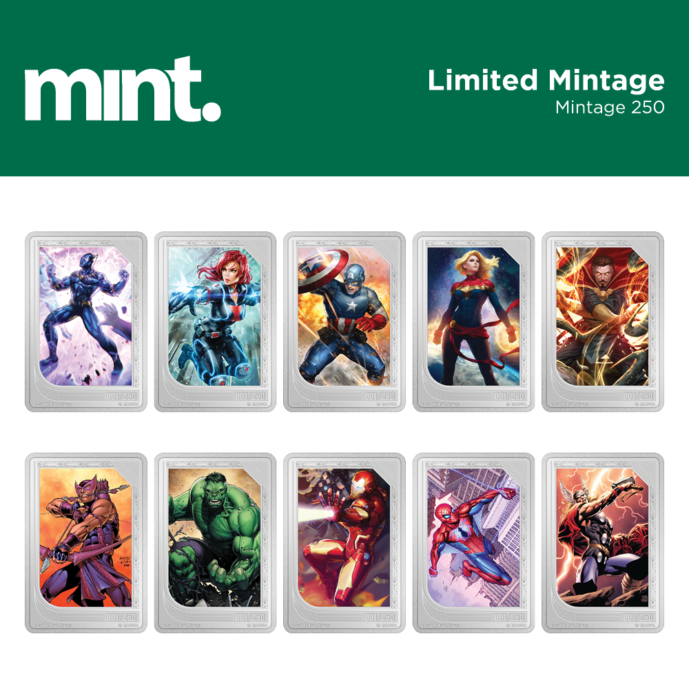 mint Trading Coins – Marvel - Limited Mintage 250. Black Panther, Black Widow, Captain America, Captain Marvel, Doctor Strange, Hawkeye, Hulk, Iron Man, Spider-Man, Thor.