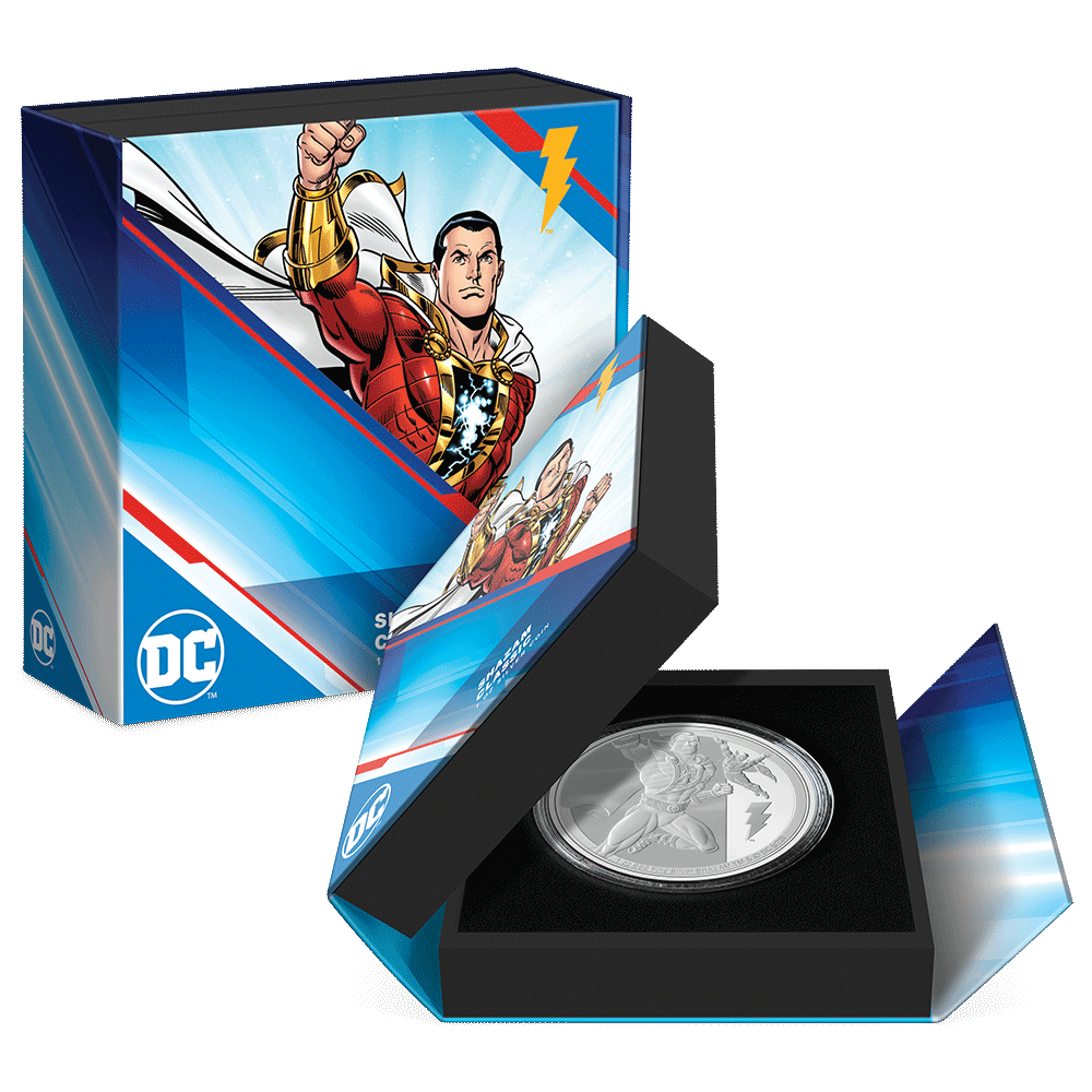 SHAZAM™ Classic 1oz Silver Coin Featuring Custom Book-Style Packaging with Printed Coin Specifications. 