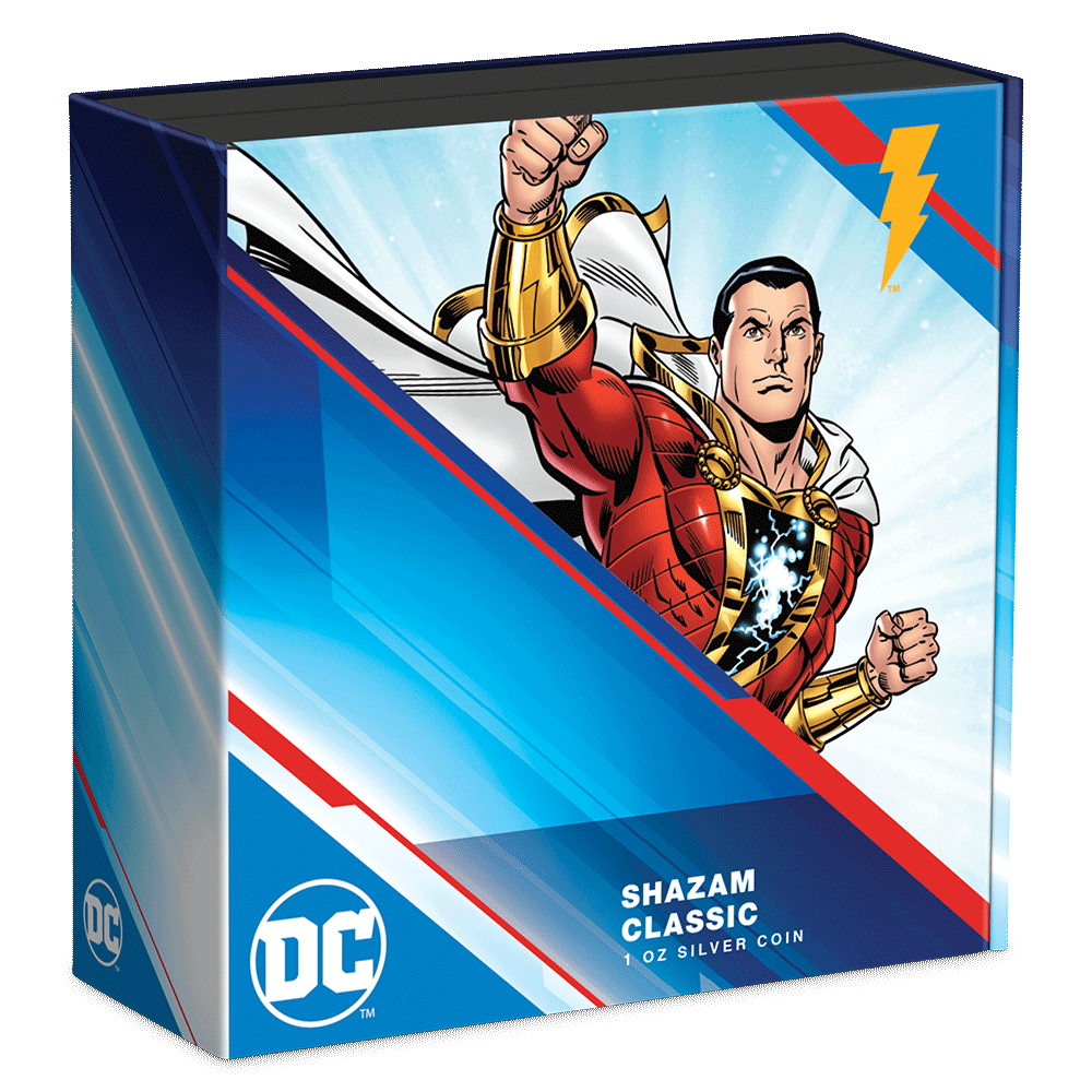 SHAZAM™ Classic 1oz Silver Coin Featuring Custom Book-style Display Box With Brand Imagery.