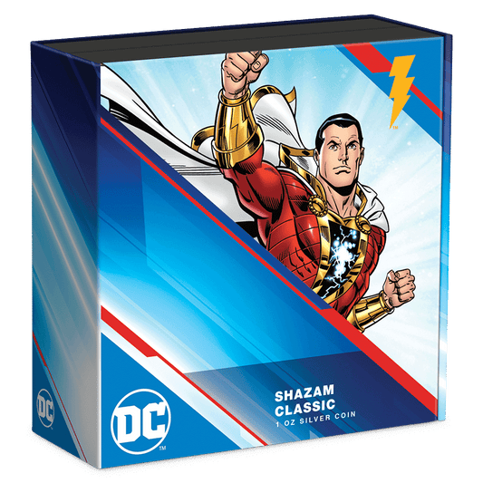 SHAZAM™ Classic 1oz Silver Coin Featuring Custom Book-style Display Box With Brand Imagery.