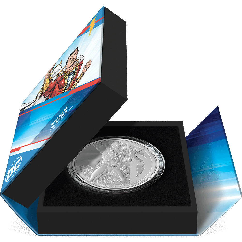 SHAZAM™ Classic 3oz Silver Coin Featuring Book-style Packaging with Coin Insert and Certificate of Authenticity Sticker and Coin Specs.