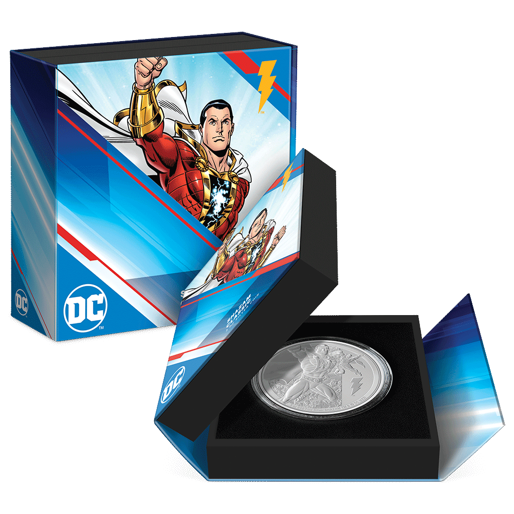 SHAZAM™ Classic 3oz Silver Coin Featuring Custom Book-Style Packaging with Printed Coin Specifications. 