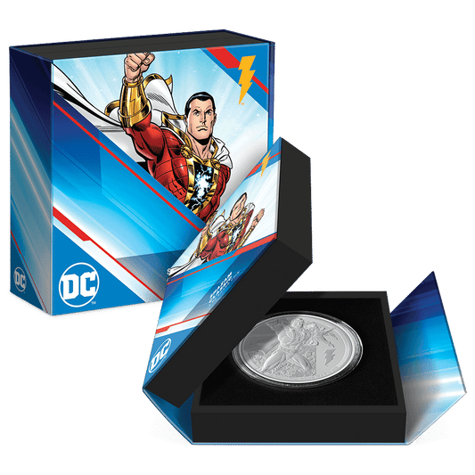 SHAZAM™ Classic 3oz Silver Coin Featuring Custom Book-Style Packaging with Printed Coin Specifications. 