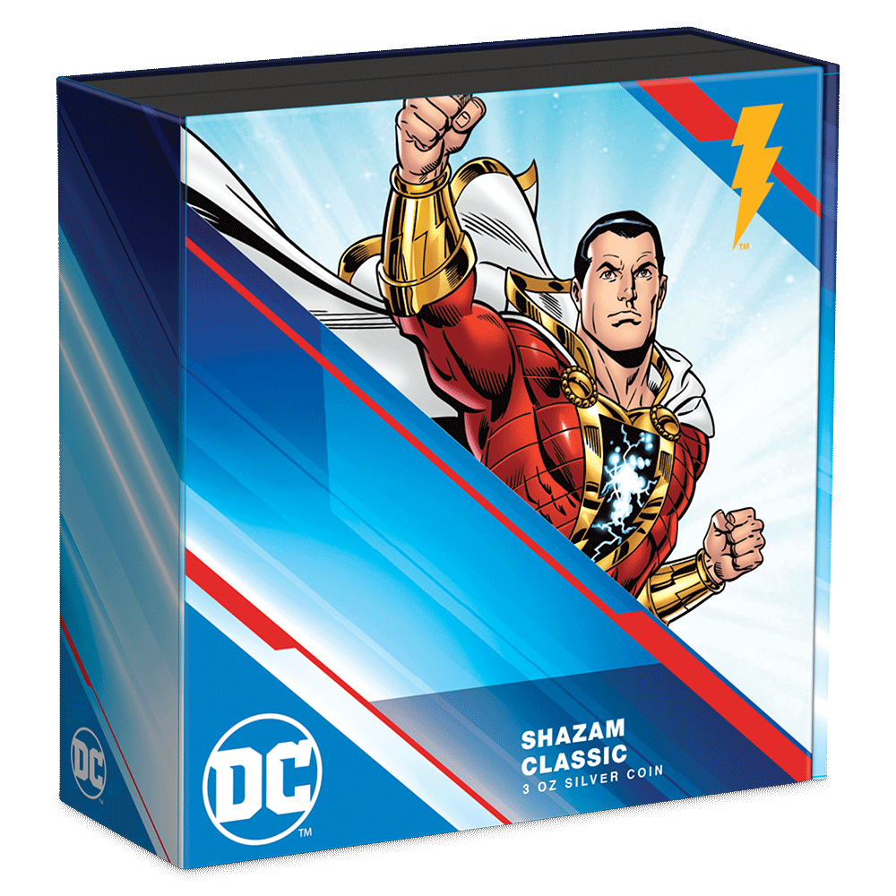 SHAZAM™ Classic 3oz Silver Coin Featuring Custom Book-style Display Box With Brand Imagery.