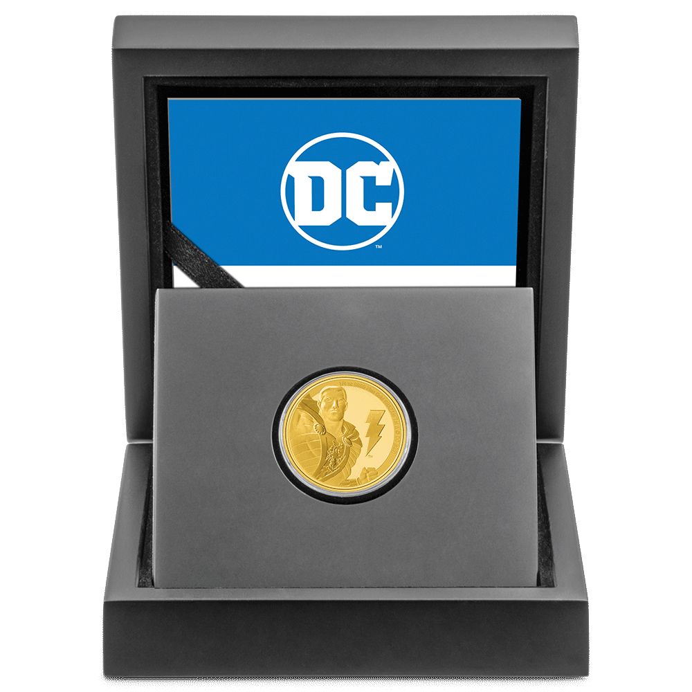 SHAZAM™ Classic 1/4oz Gold Coin with Custom Designed Wooden Box with Display Ledge and Certificate of Authenticity.