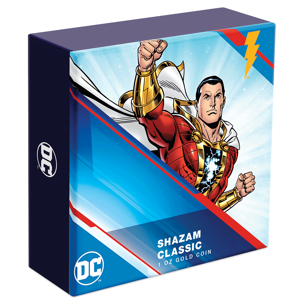 SHAZAM™ Classic 1/4oz Gold Coin Featuring Custom-Designed Outer Box With Brand Imagery.