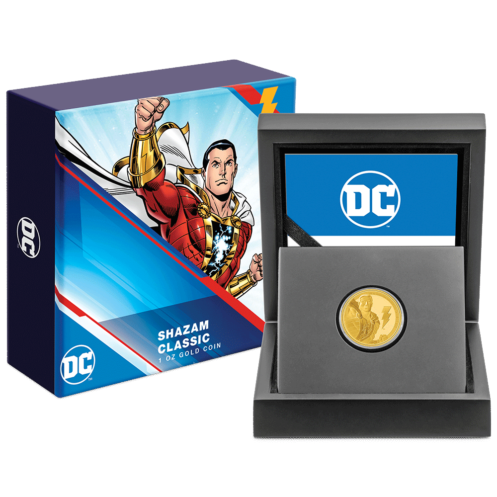 SHAZAM™ Classic 1/4oz Gold Coin with Custom-Designed Wooden Box with Certificate of Authenticity Holder and Viewing Insert. 