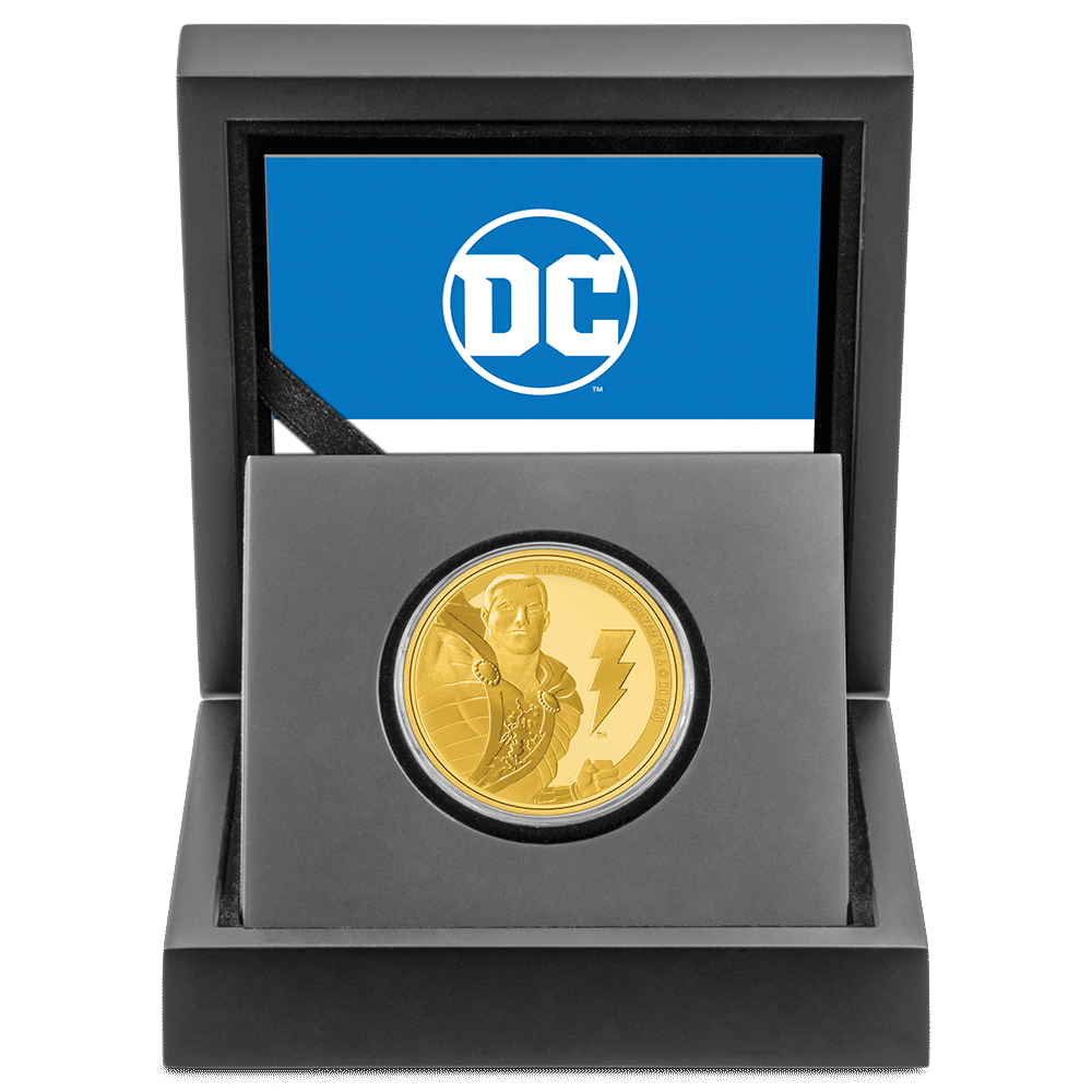 SHAZAM™ Classic 1oz Gold Coin with Custom Designed Wooden Box with Display Ledge and Certificate of Authenticity.