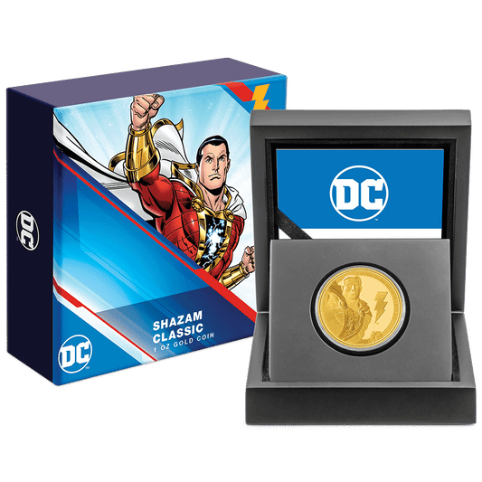 SHAZAM™ Classic 1oz Gold Coin with Custom-Designed Wooden Box with Certificate of Authenticity Holder and Viewing Insert. 