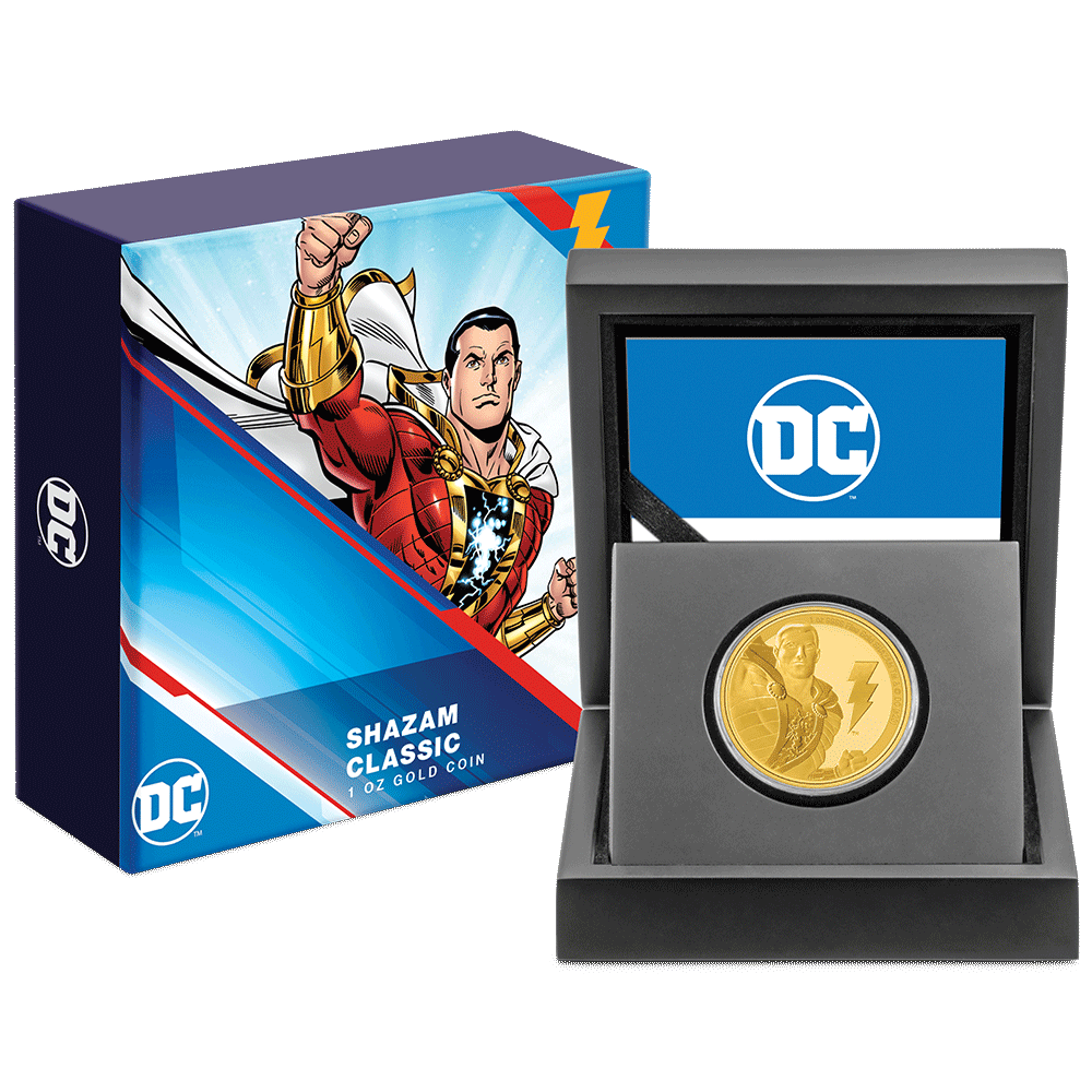 SHAZAM™ Classic 1oz Gold Coin with Custom-Designed Wooden Box with Certificate of Authenticity Holder and Viewing Insert. 