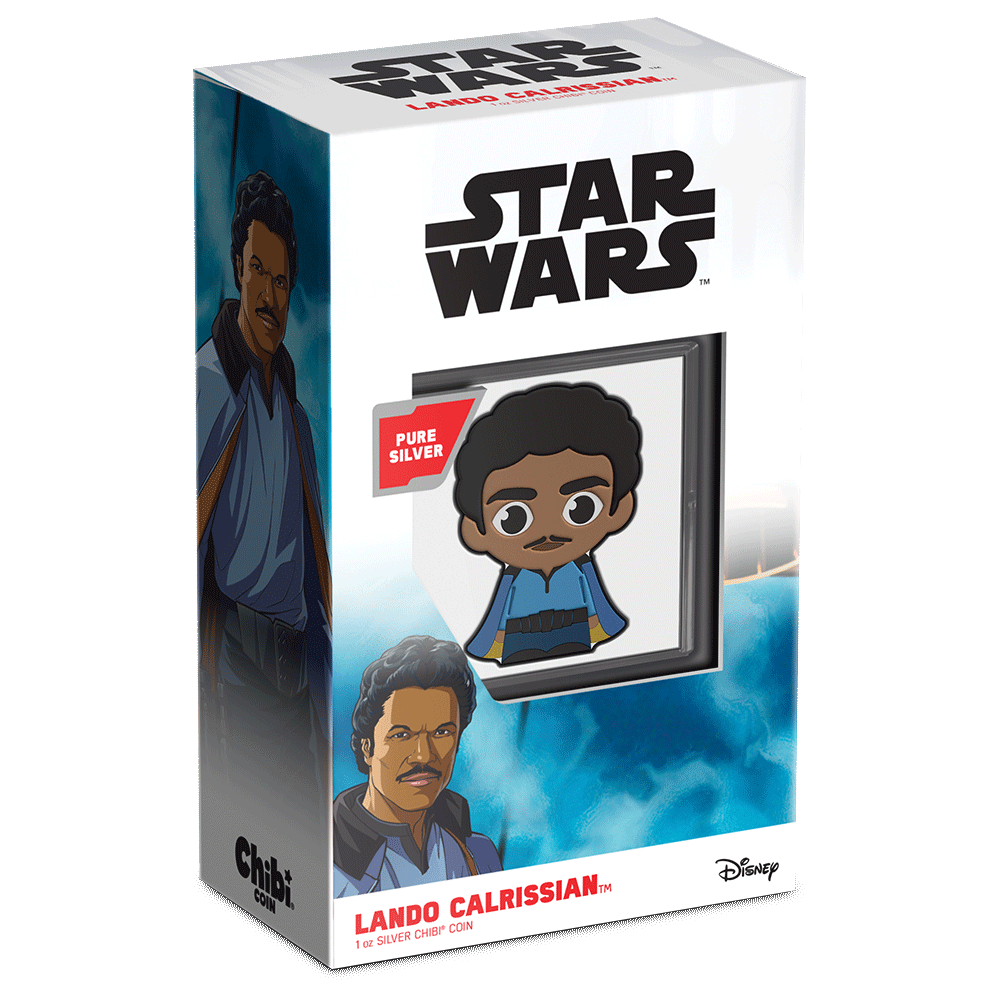 Star Wars™ Lando Calrissian™ 1oz Silver Chibi® Coin Featuring Custom Packaging with Display Window and Certificate of Authenticity Sticker.