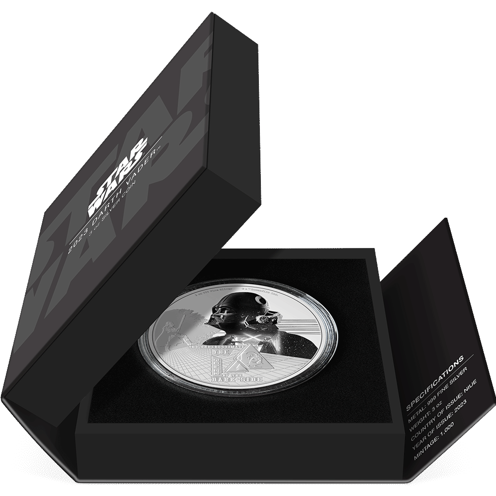 2023 Darth Vader™ 3oz Silver Coin Featuring  Book-style Packaging with Coin Insert and Certificate of Authenticity Sticker and Coin Specs.