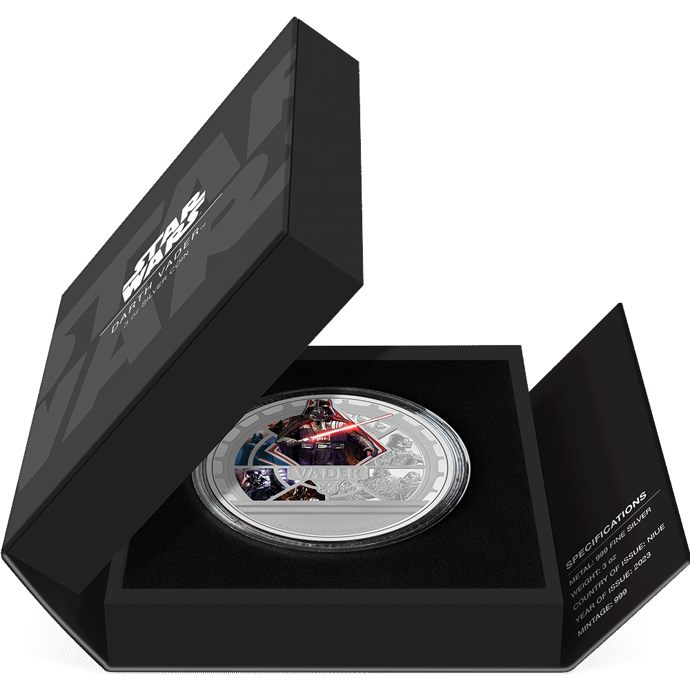 Star Wars™ Darth Vader™ 3oz Silver Coin Featuring Book-style Packaging with Coin Insert and Certificate of Authenticity Sticker and Coin Specs.