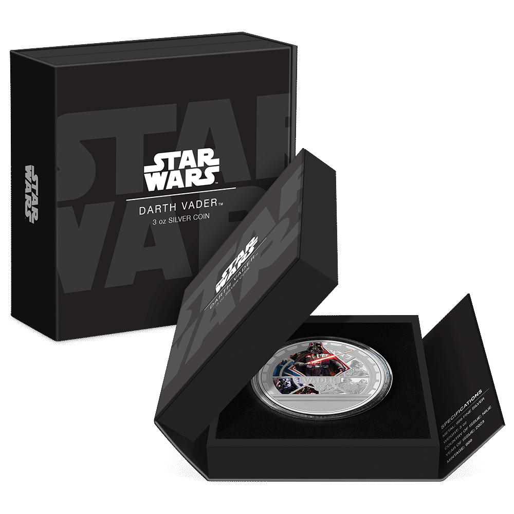 Star Wars™ Darth Vader™ 3oz Silver Coin Featuring Custom Book-Style Packaging with Printed Coin Specifications. 