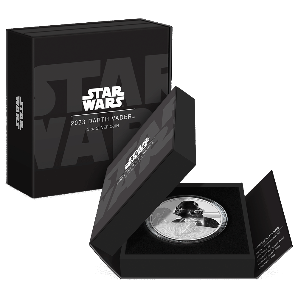 2023 Darth Vader™ 3oz Silver Coin Featuring with Custom Book-Style Packaging and Specifications. 