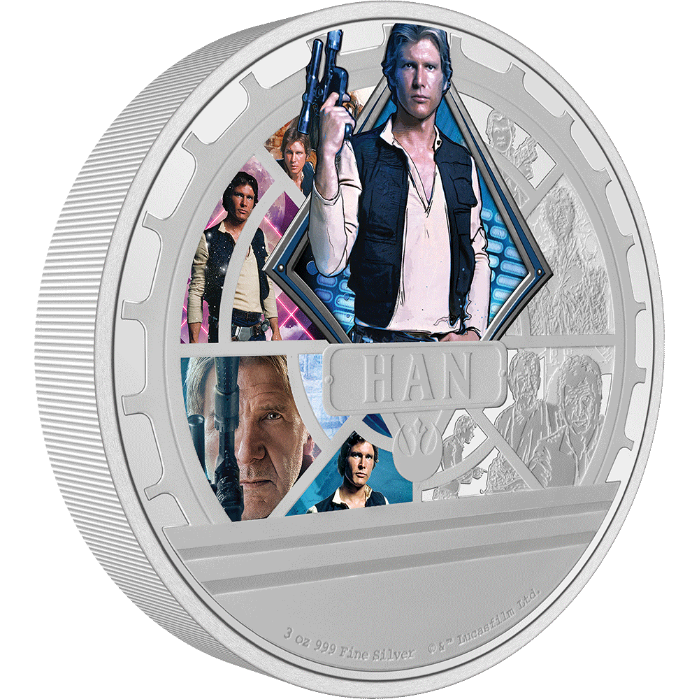 This collectible coin shows a wonderful collage of Han Solo as seen in the epic saga. Includes stunning colour, relief, sandblasting, and mirror finish details. Only 999 available worldwide! - New Zealand Mint